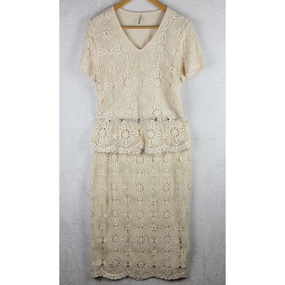 Cottagecore XL Set Maxi Skirt Short Sleeve Pullover Top Cream Crochet Floral